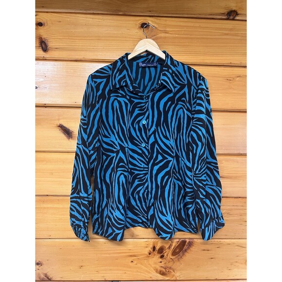 Susan Graver Tops - Susan Graver Shirt Blouse XL Blue Black Animal Print Zebra Button up Top